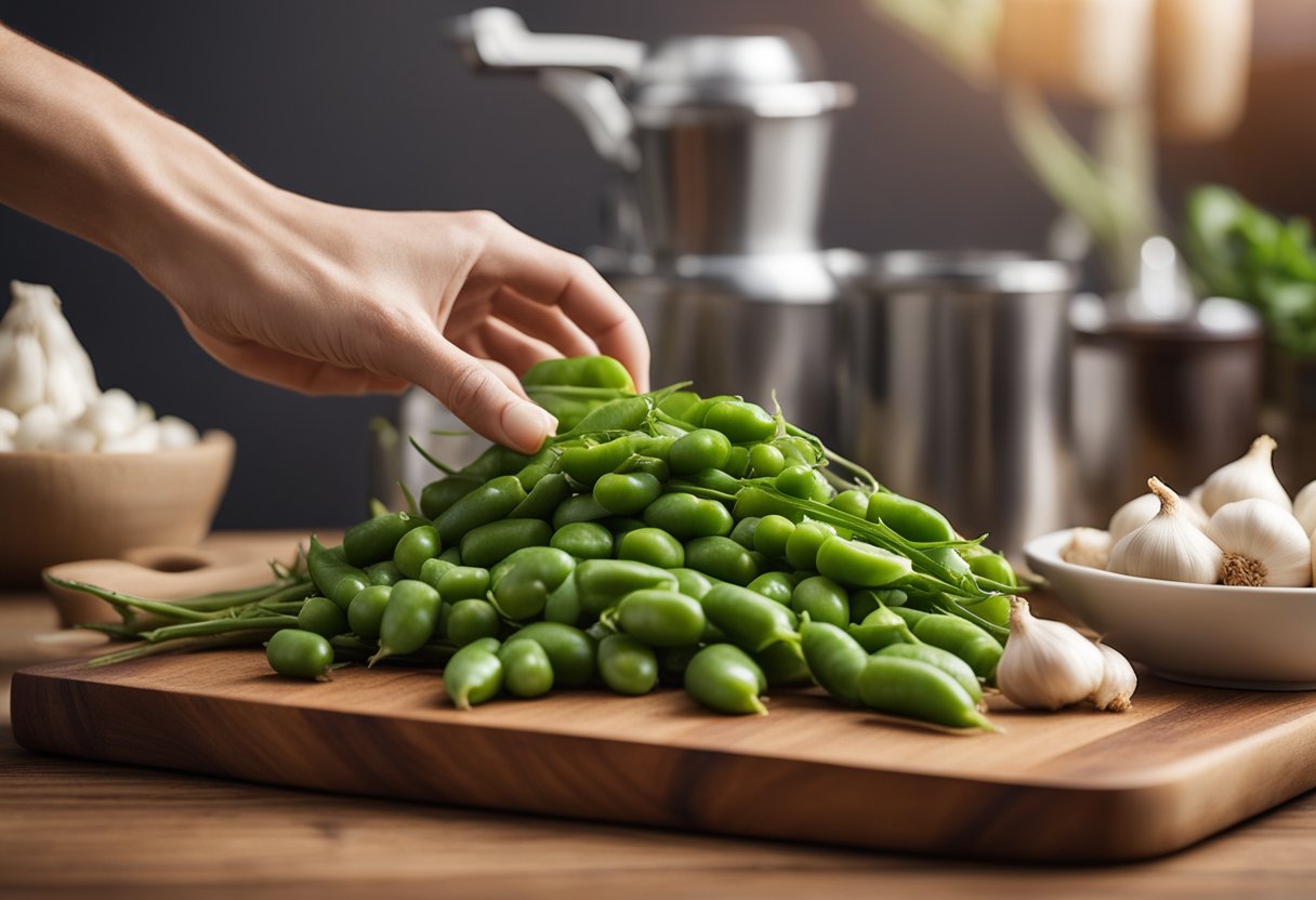 A hand reaching for fresh pea pods on a wooden cutting board, surrounded by garlic, ginger, and soy sauce bottles