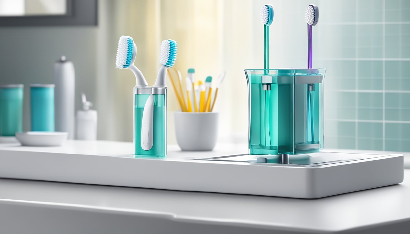 A water flosser sits on a clean, white countertop, surrounded by a shining faucet and toothbrush holder. The flosser's sleek, modern design and bright colors catch the eye