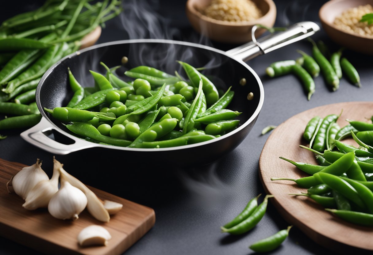 Fresh pea pods sizzling in a hot wok with garlic and ginger, being tossed and stirred rapidly with a spatula