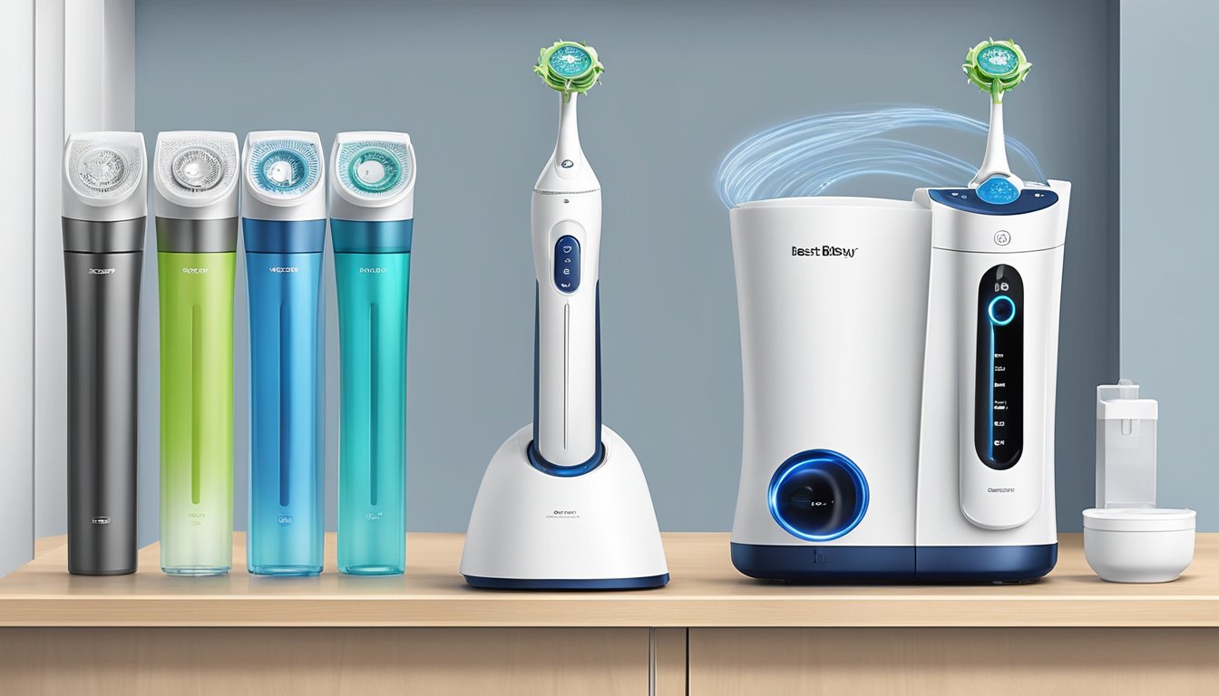 The water flosser is displayed prominently on a shelf at Best Buy, with customer reviews and insights showcased nearby. The product is highlighted with a spotlight, drawing attention to its features and benefits