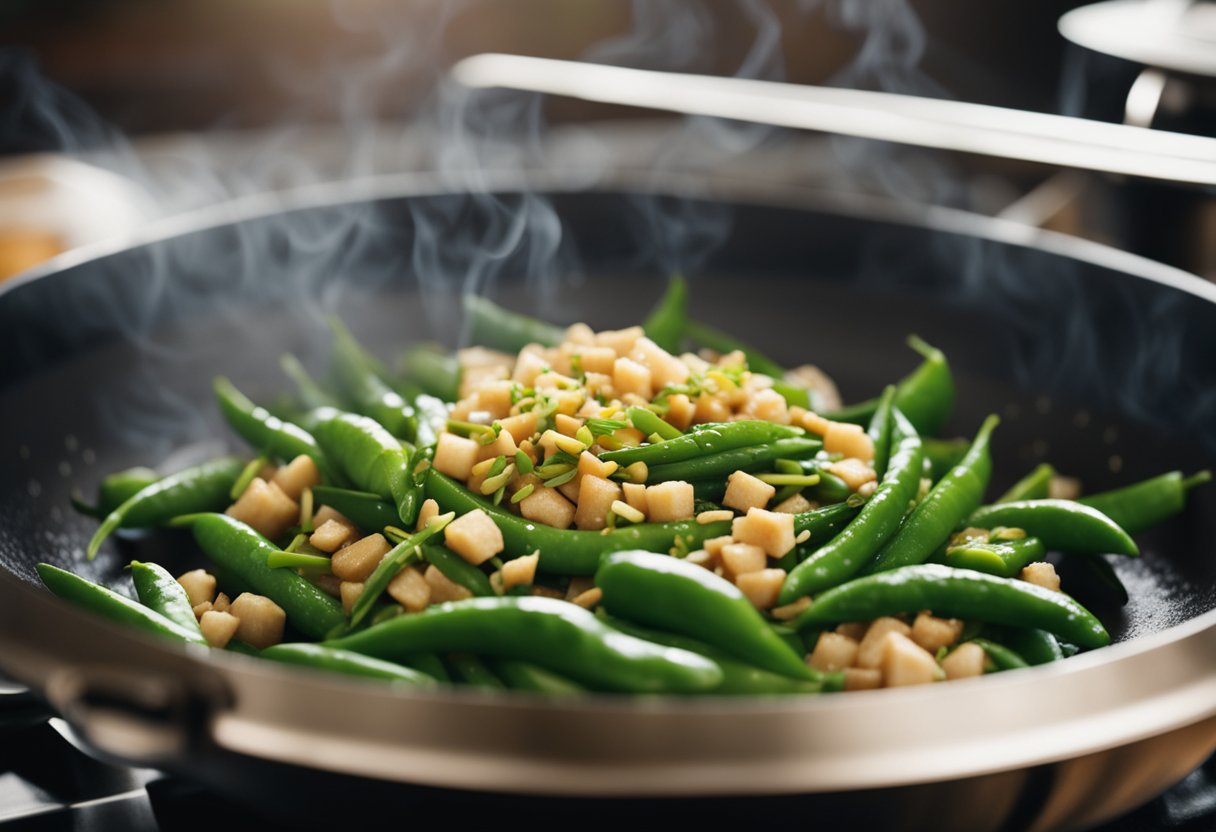 A wok sizzles with stir-fried pea pods, garlic, and ginger. Steam rises as a splash of soy sauce is added for flavor