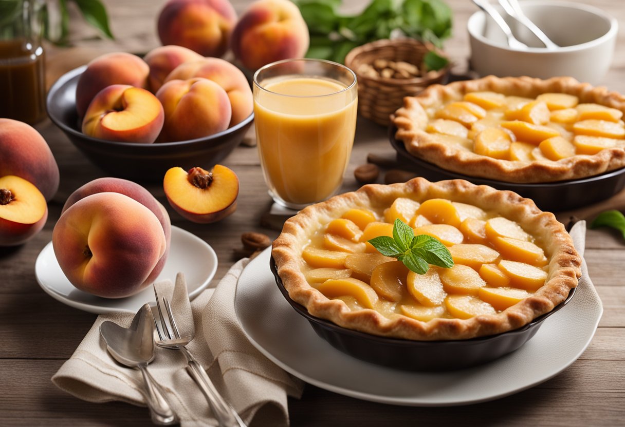 A table with various peach dishes: peach dumplings, peach pie, peach smoothie, and peach salad. Ingredients and utensils scattered around