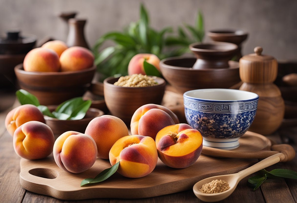 A traditional Chinese kitchen with ripe peaches, a mortar and pestle, and various ingredients laid out on a wooden table