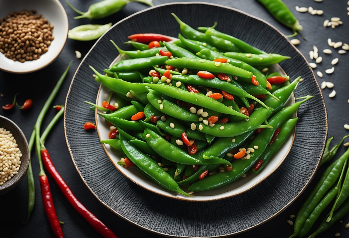 A plate of Chinese pea pods stir-fried with garlic and soy sauce, garnished with sesame seeds and red chili flakes