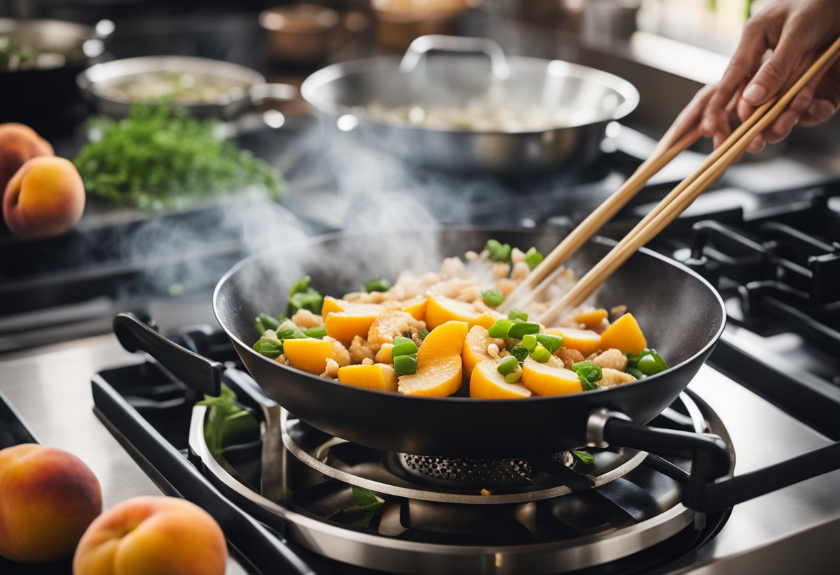 A modern kitchen with a steaming wok filled with stir-fried peaches and a colorful array of fresh ingredients like ginger, garlic, and green onions