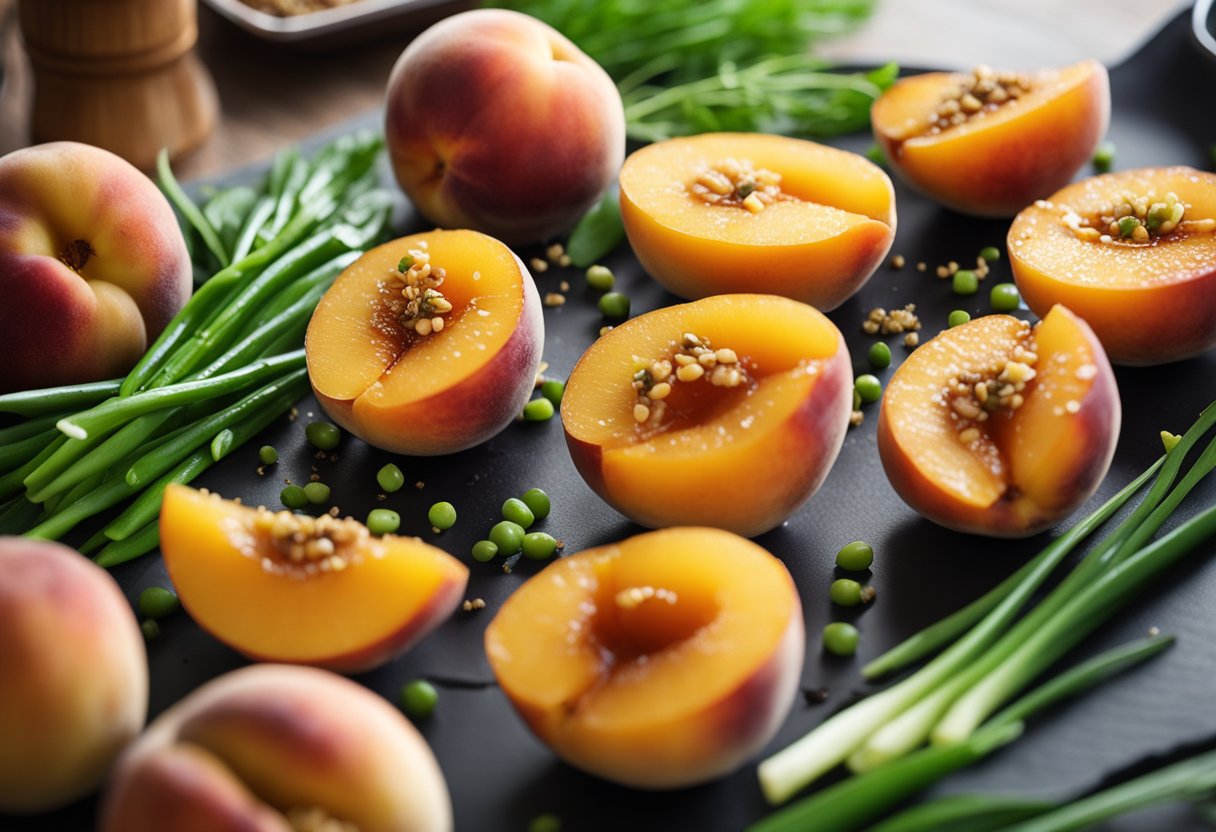 Slicing and marinating peaches, stir-frying with ginger and soy sauce, garnishing with green onions and sesame seeds