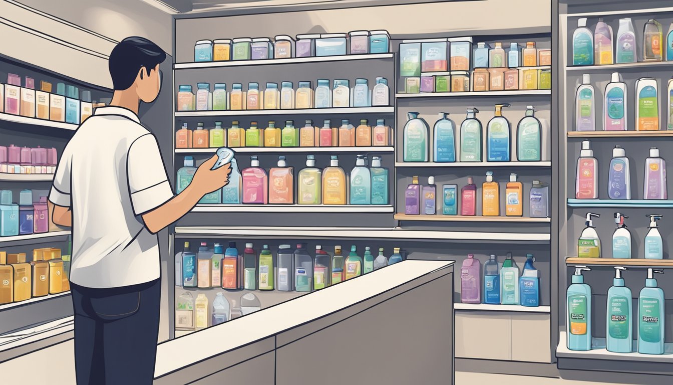 A person in a store in Singapore carefully selects a hand sanitizer from a display of various brands and sizes
