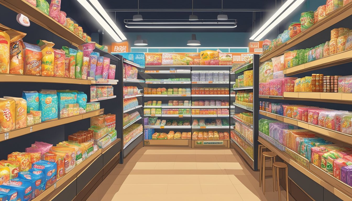 Shelves filled with Japanese snacks, drinks, and household items at Don Don Donki Singapore. Brightly lit aisles with colorful packaging and bustling shoppers