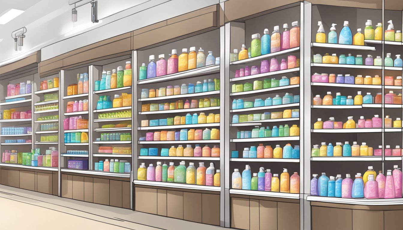 Shelves stocked with hand sanitizers in a brightly lit store in Singapore