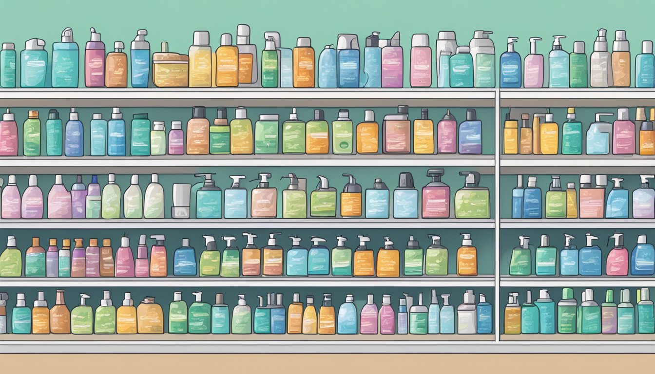 A shelf stocked with various hand sanitizer bottles in a well-lit store. A sign above reads "Frequently Asked Questions: Singapore Buy Hand Sanitizer."