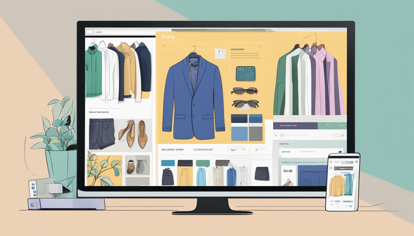 A computer screen displaying a website with the Sisley logo, various clothing items, and a "buy now" button