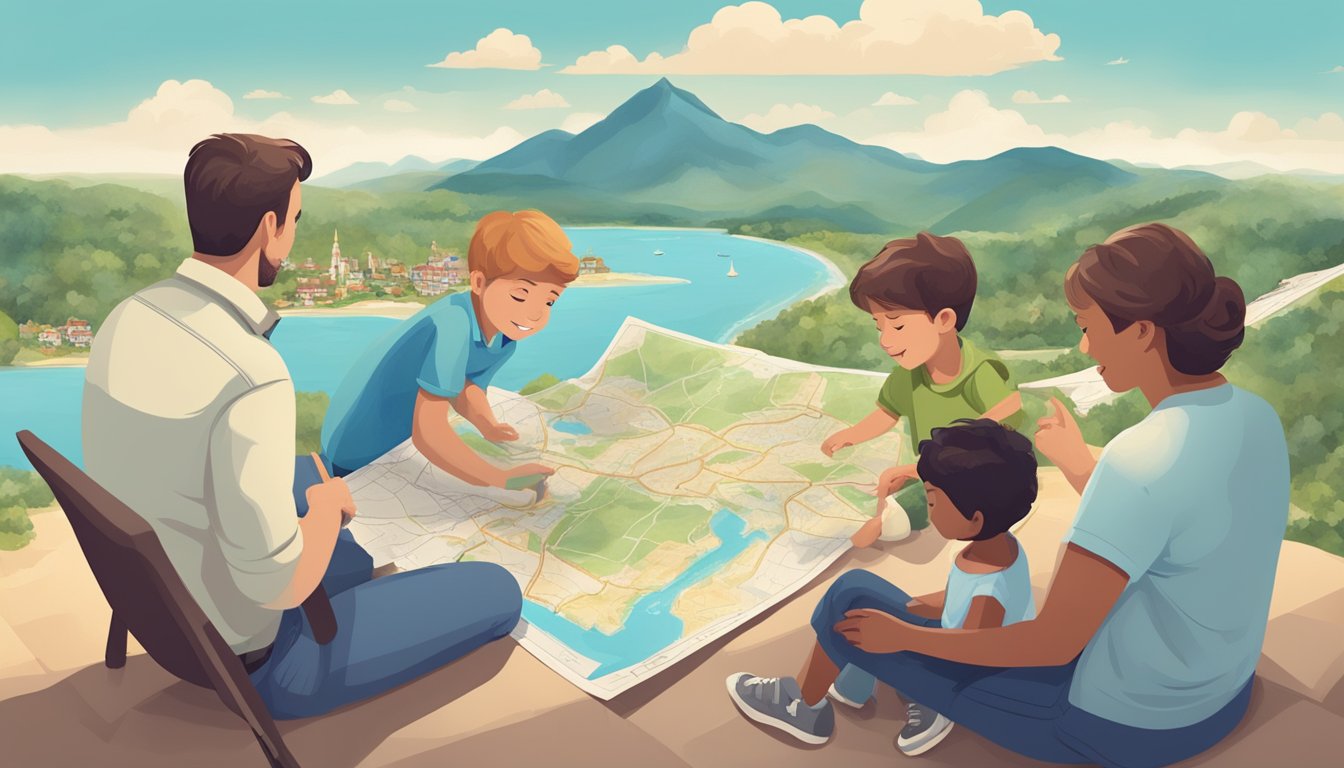 A family sits around a map, pointing to various destinations. A beach, a mountain, and a city are all considered for their upcoming vacation