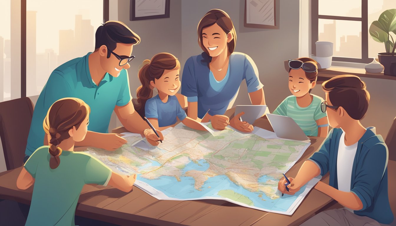 A family sits around a table with a map, travel guide, and budgeting spreadsheets. They discuss and plan their vacation, excitedly pointing at potential destinations and activities
