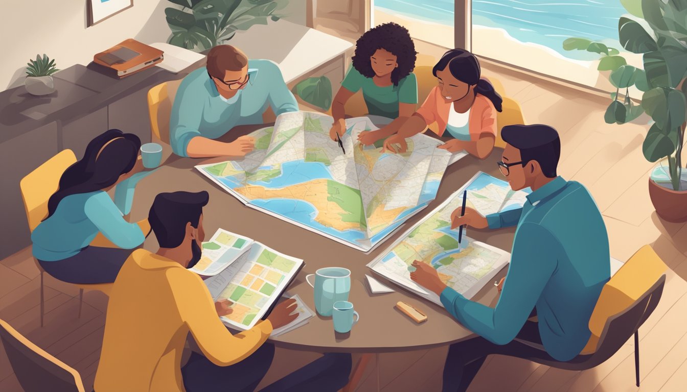 A family sits around a table with maps, guidebooks, and a laptop, discussing and planning their upcoming vacation