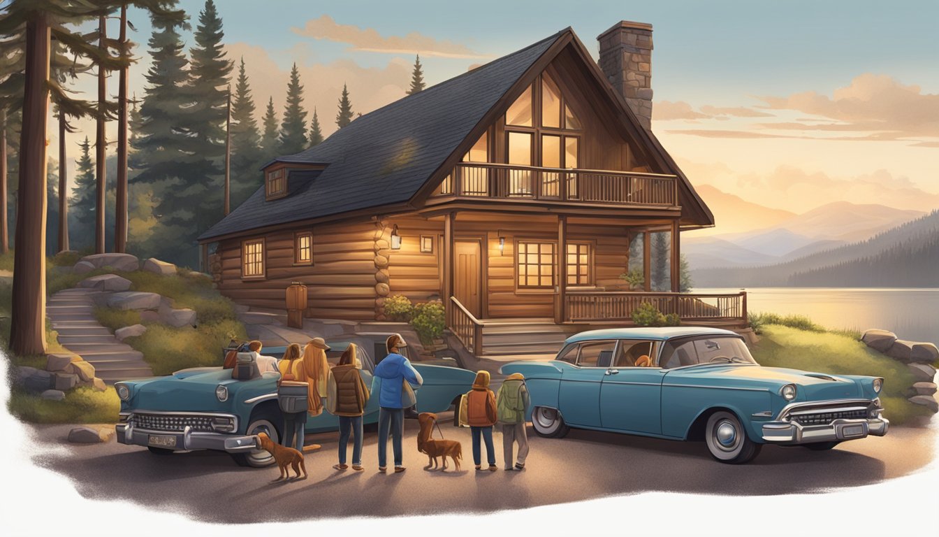 A family stands outside a cozy cabin with a car parked nearby. Luggage is being loaded into the trunk as they prepare for an unforgettable vacation