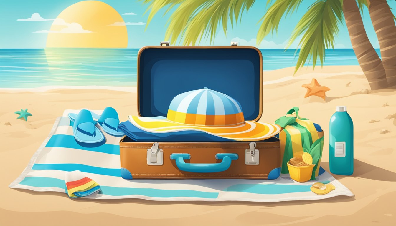 A colorful suitcase, beach towels, sunscreen, and a map lay on a sandy beach with palm trees in the background