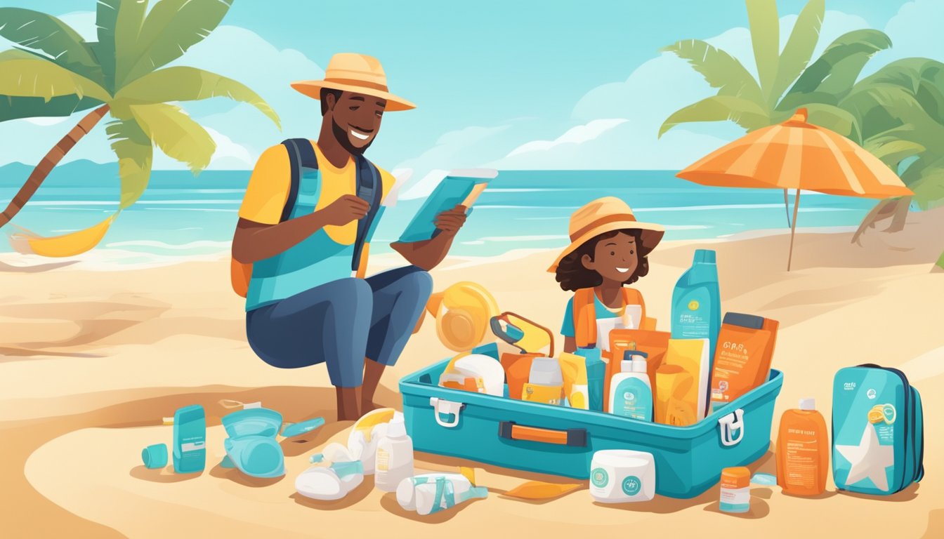 A family packs sunscreen, hats, and first aid kit for a beach vacation. They plan activities like hiking and swimming to stay safe and healthy