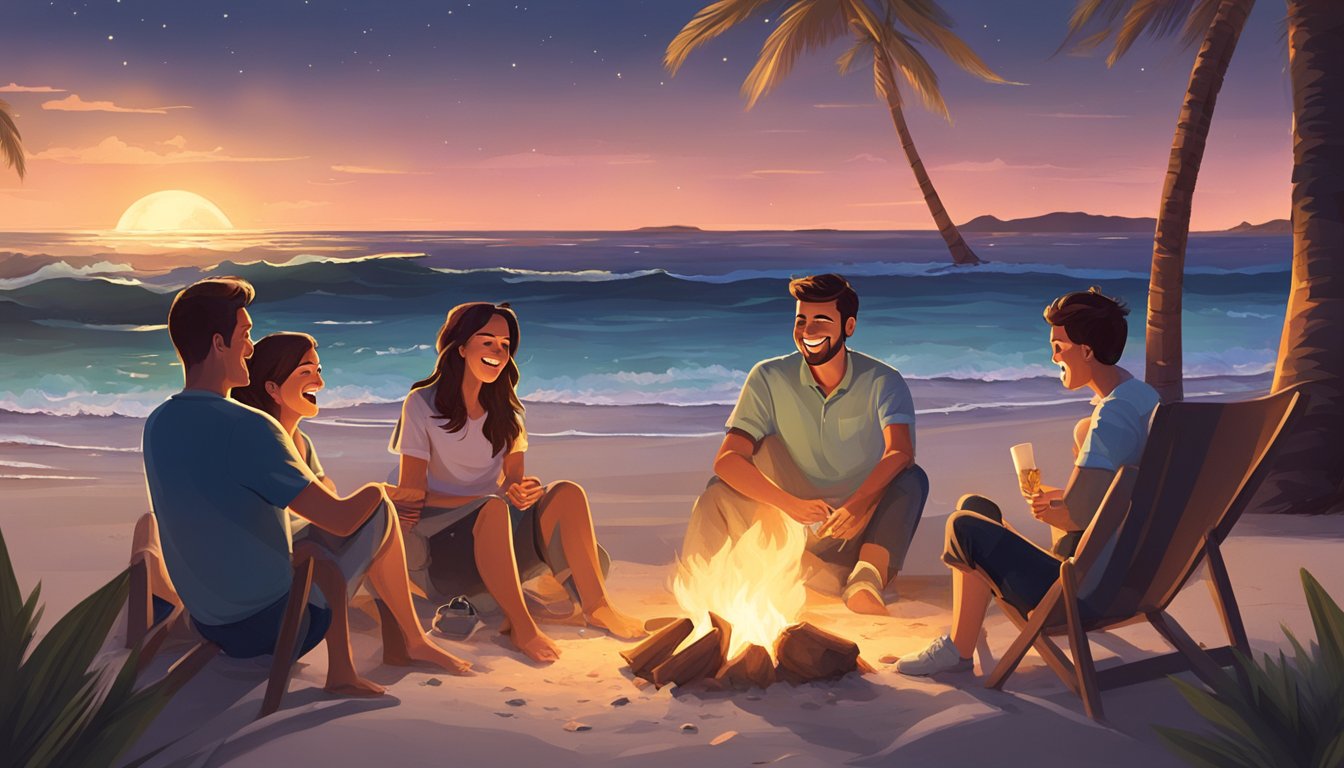 A family sits around a campfire on a secluded beach, roasting marshmallows and laughing under the stars, with a backdrop of palm trees and the sound of waves crashing in the distance