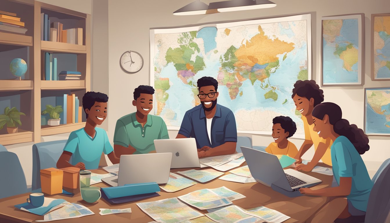A family sits around a table covered in maps, brochures, and a laptop, planning their vacation. Smiling faces and excitement fill the room as they discuss activities and destinations