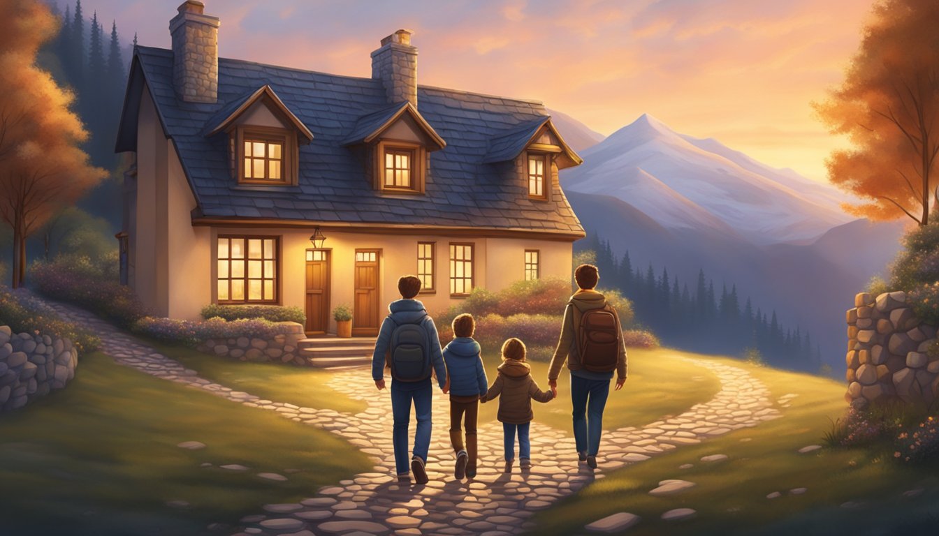 A family walks up a cobblestone path towards a cozy cottage nestled in the mountains, with a warm glow emanating from the windows