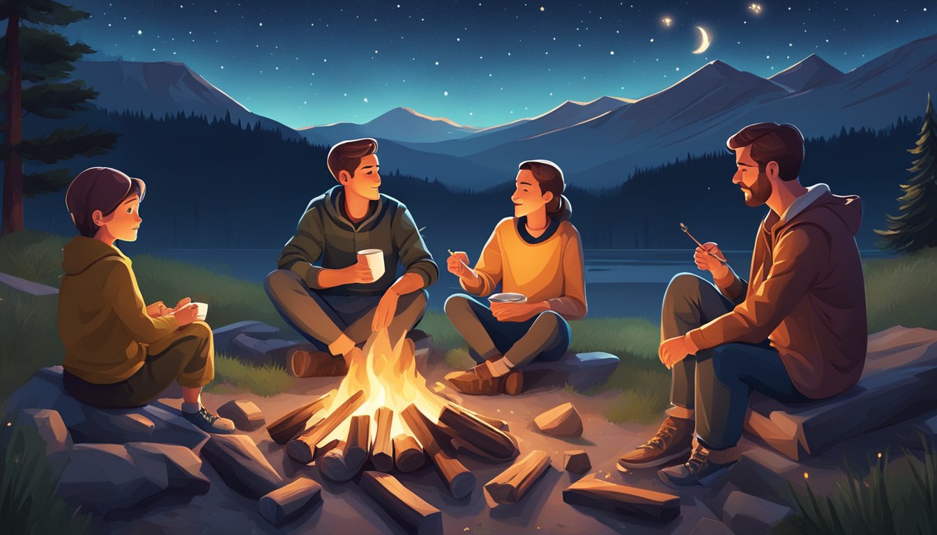 A family sits around a campfire, roasting marshmallows under a starry sky with a mountainous landscape in the background