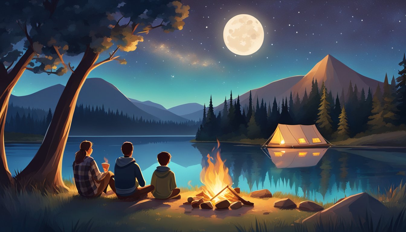A family sits around a campfire, roasting marshmallows under a starry sky. Tents are pitched in the background, surrounded by towering trees and a serene lake