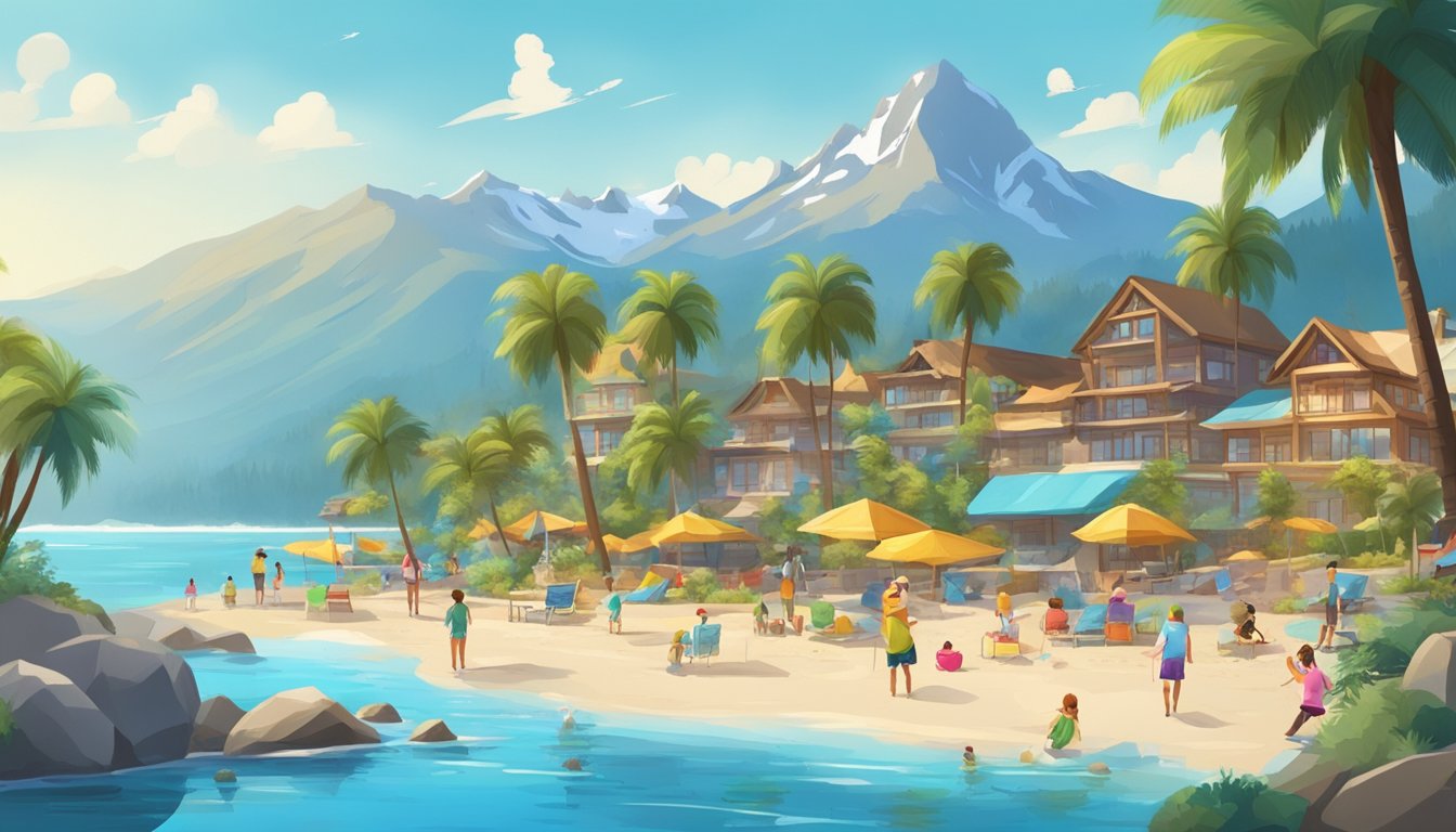 A beach with palm trees, clear blue water, and families playing and relaxing. A mountain resort with snow-capped peaks, families skiing and building snowmen