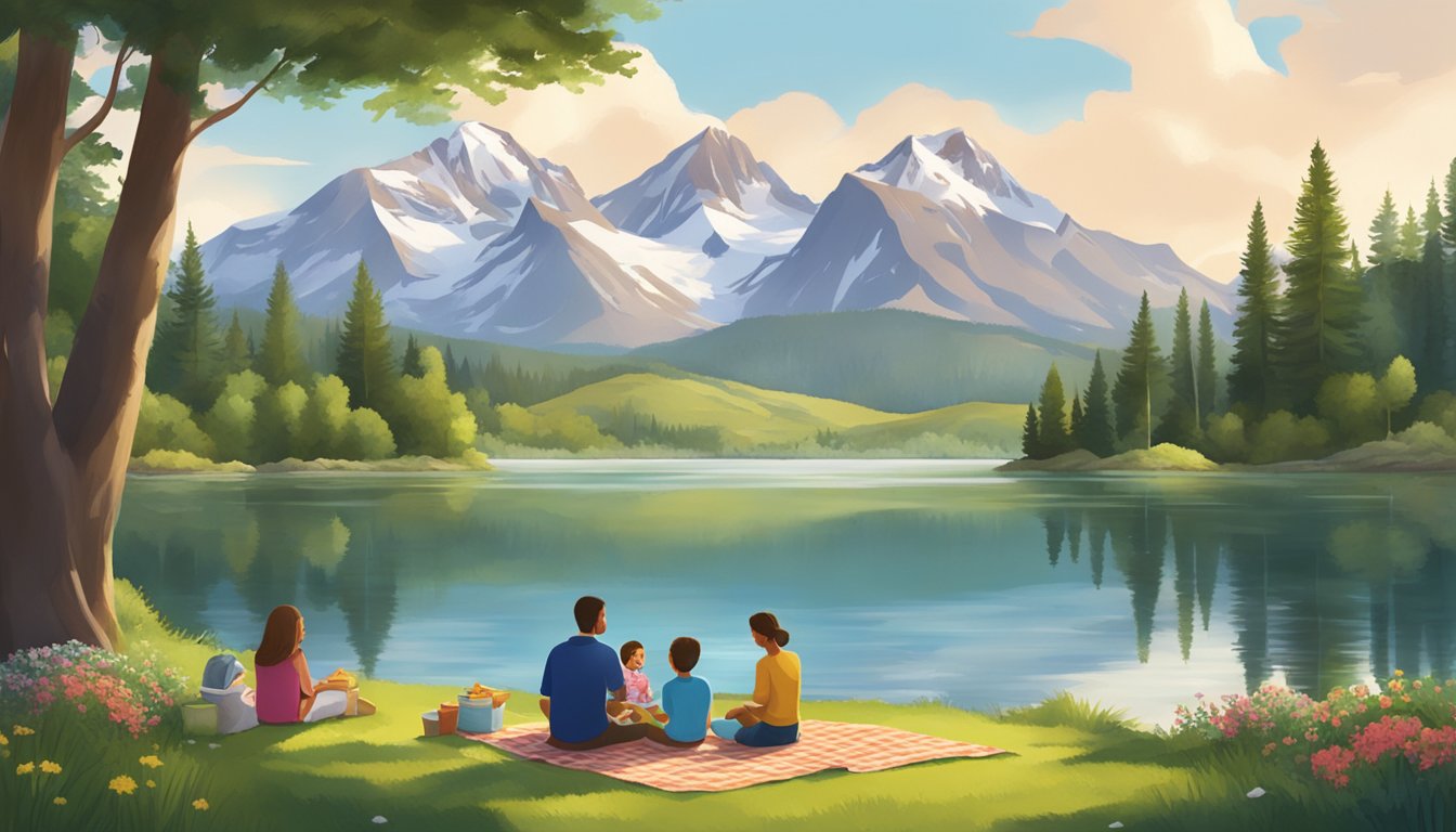 A diverse family enjoys a picnic by a serene lake, surrounded by lush greenery and snow-capped mountains in the distance