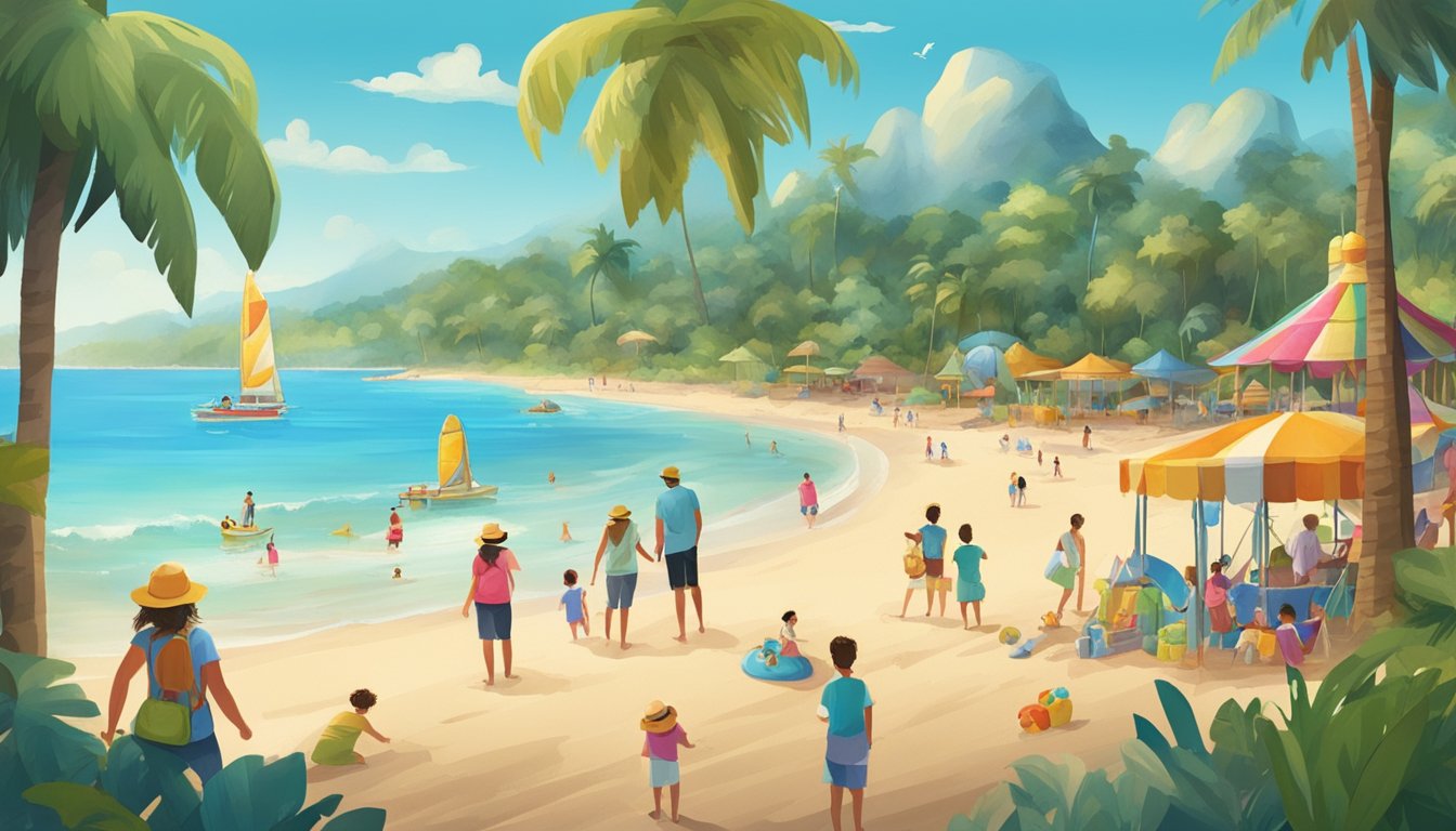 Families playing on a sandy beach with clear blue waters, while others explore a lush jungle or enjoy thrilling rides at a theme park