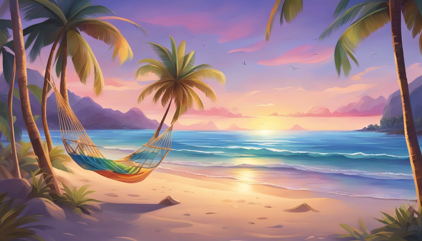 A serene beach with palm trees, crystal-clear water, and a colorful sunset. A family plays in the sand, while others relax in hammocks