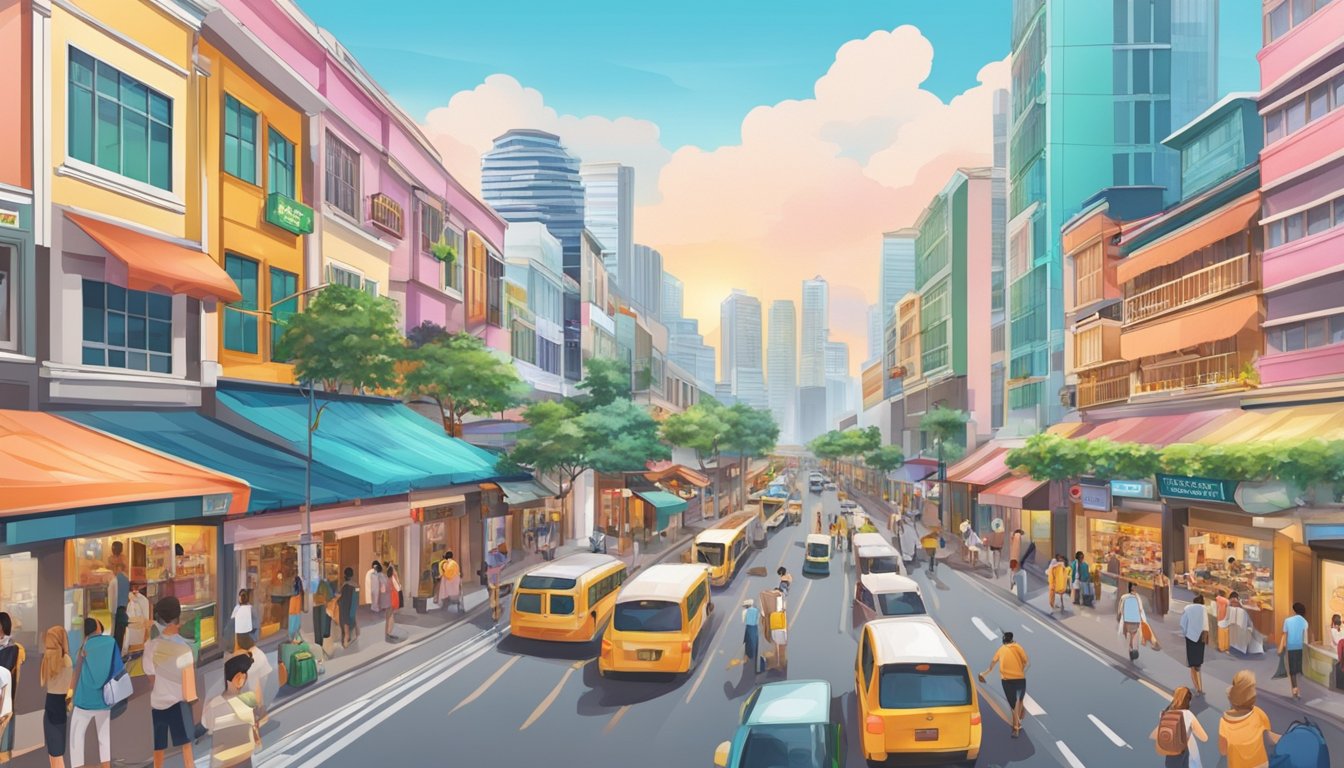 A bustling street in Tanita, Singapore, with vibrant storefronts and busy shoppers. The cityscape is filled with modern architecture and colorful signage