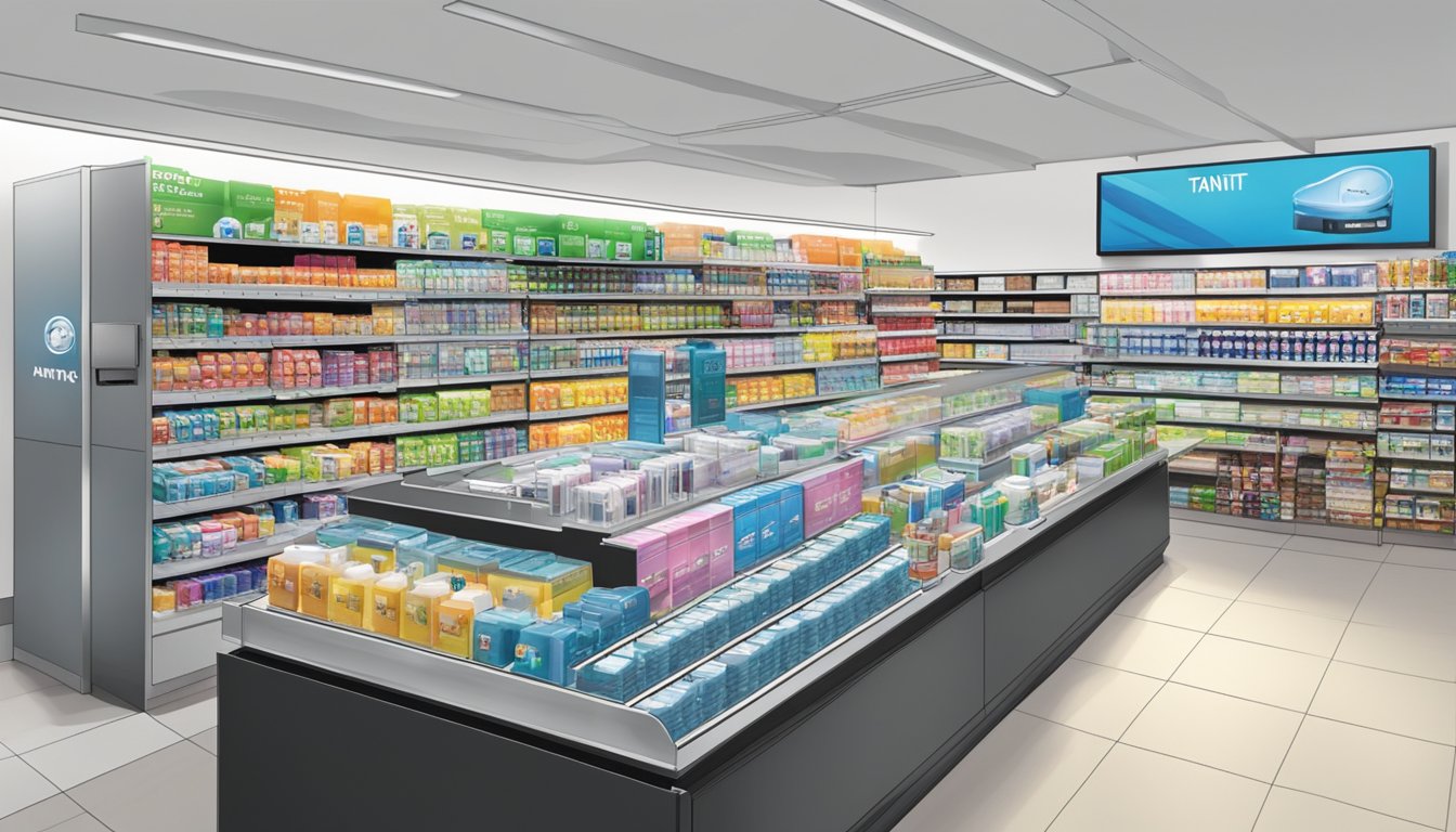 A bustling electronic store in Singapore displays Tanita products prominently. The sleek, modern packaging catches the eye of passing shoppers