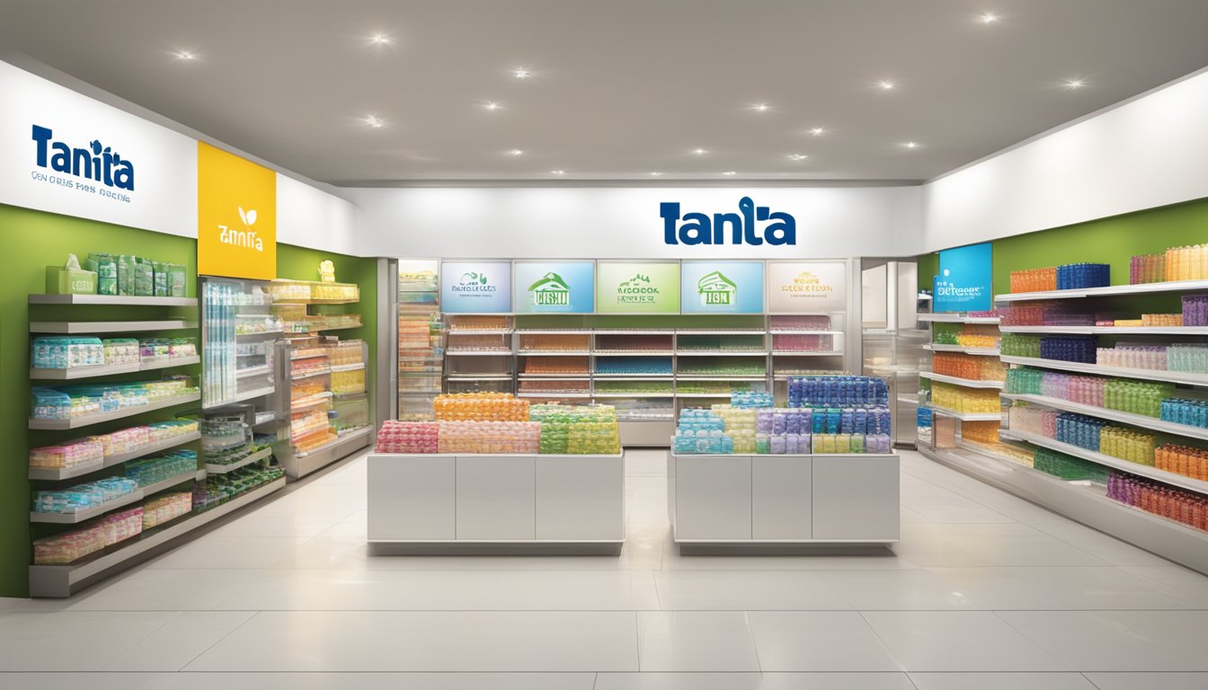 A bright, modern store with Tanita products prominently displayed. A logo and tagline "Why Choose Tanita?" are featured. Visit Tanita Singapore for purchase
