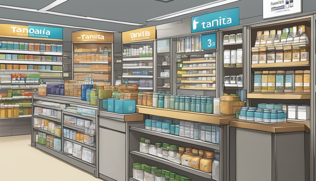 A display of Tanita products at a retail store in Singapore, with a prominent "Frequently Asked Questions" sign and information on where to buy