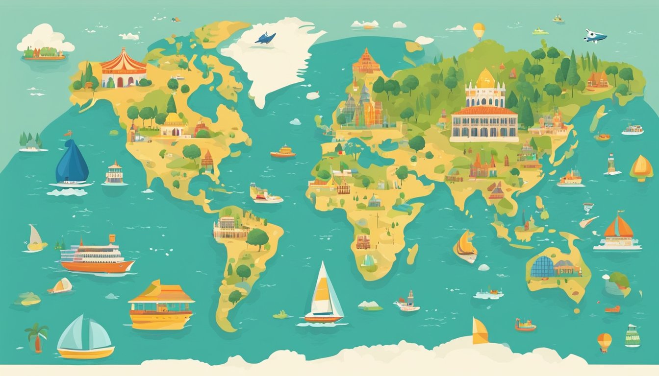 A colorful map of the world with icons representing family-friendly destinations such as theme parks, beaches, and cultural landmarks