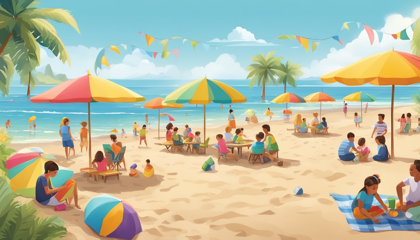 A sunny beach with colorful umbrellas, children building sandcastles, and families enjoying picnics and playing games