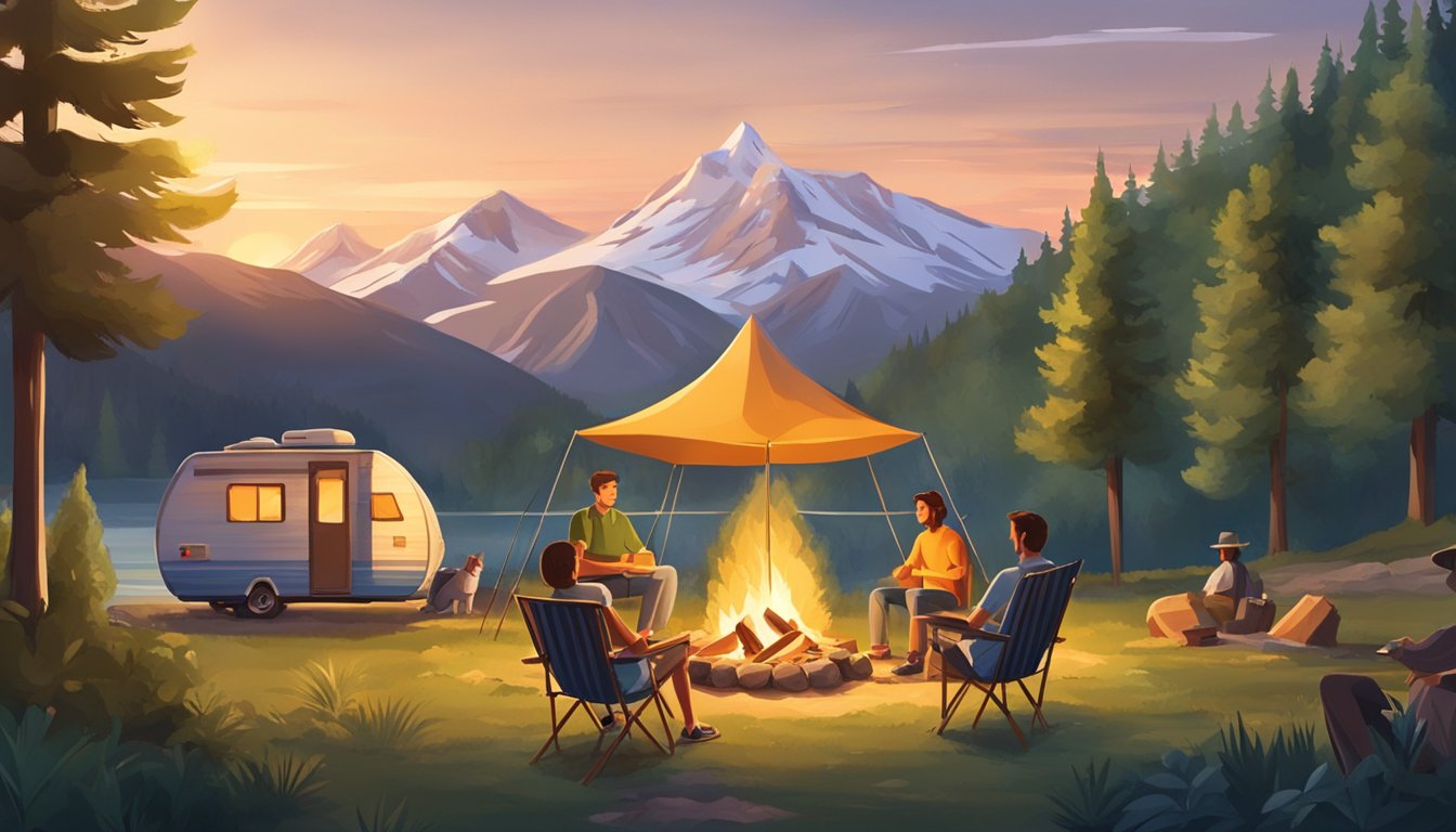 A family sits around a cozy campfire, with a tent and RV in the background, surrounded by lush greenery and a beautiful mountain view