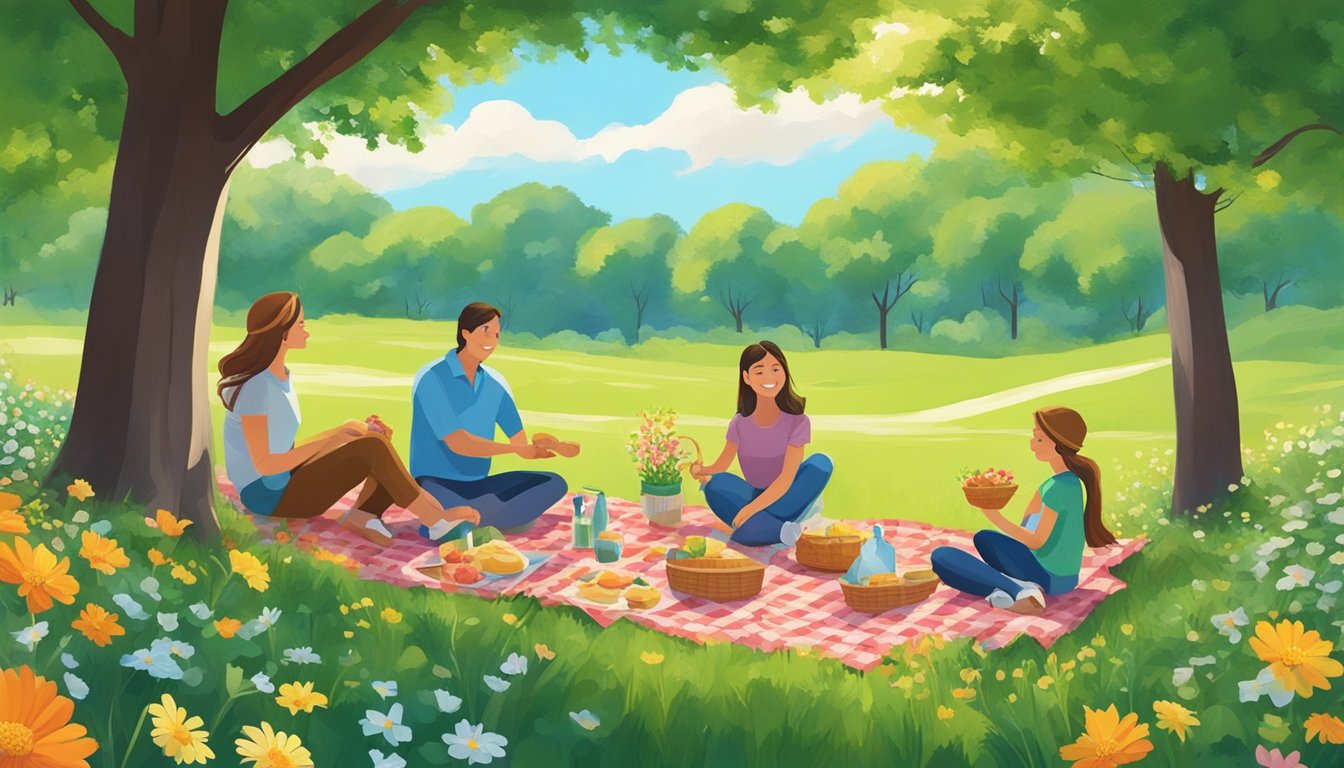 A family picnicking in a lush green meadow, surrounded by blooming flowers and colorful trees, with a clear blue sky overhead