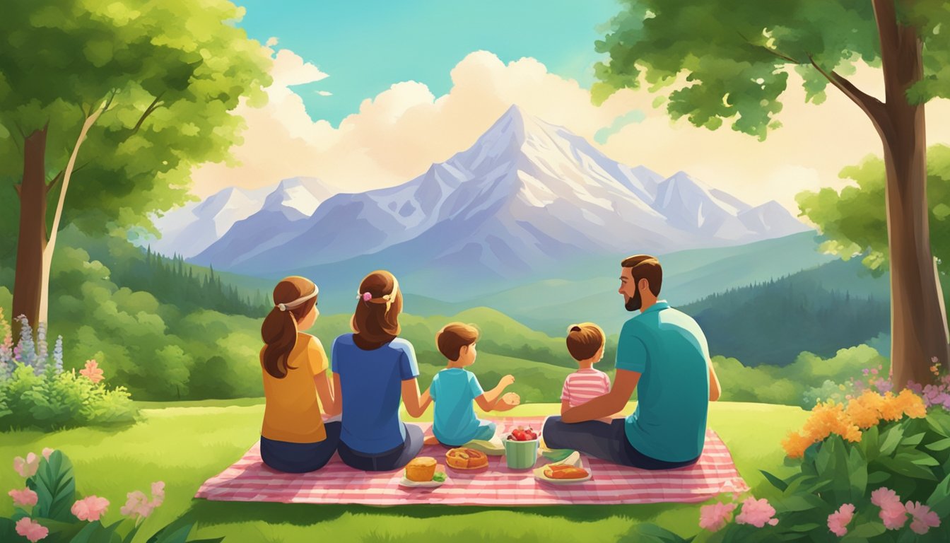 A family enjoys a picnic in a lush, green park with a scenic view of a majestic mountain range in the background