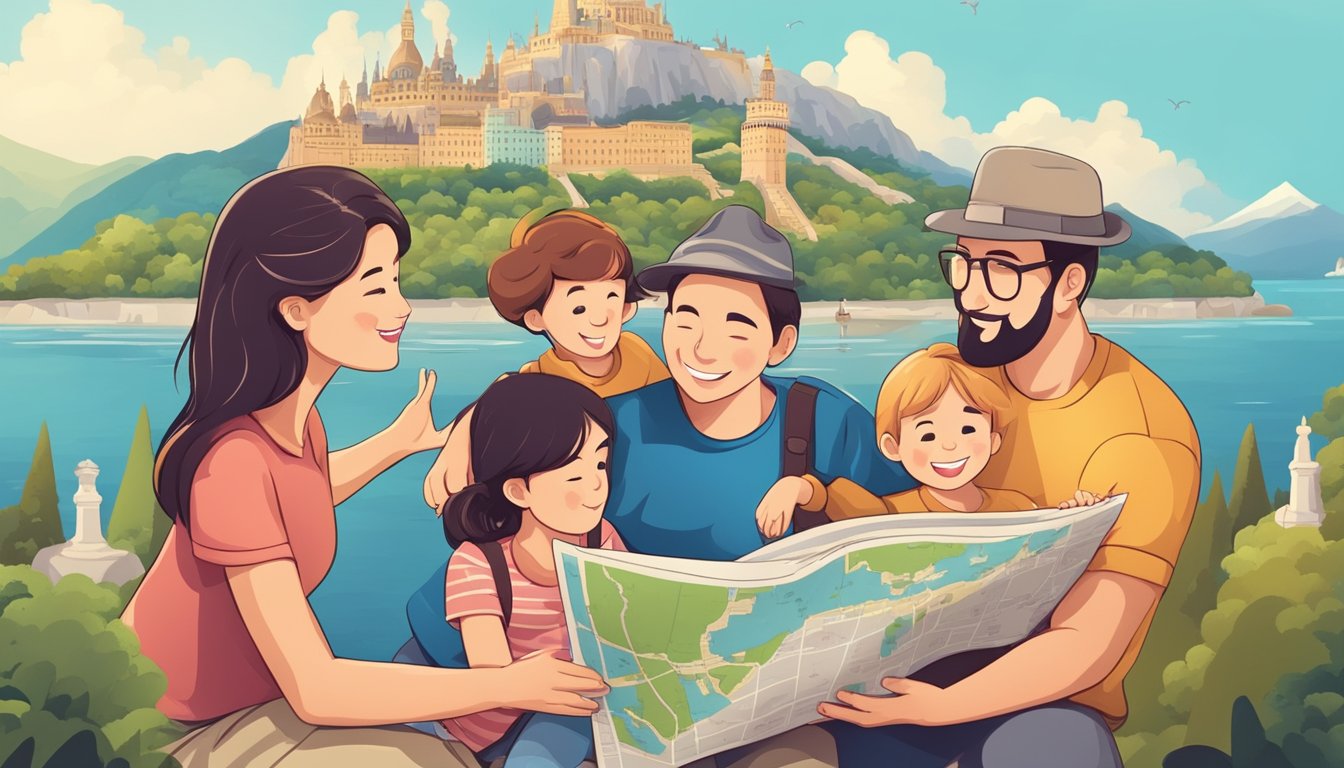 A family enjoying a scenic view with a map and guidebook, surrounded by famous landmarks and attractions