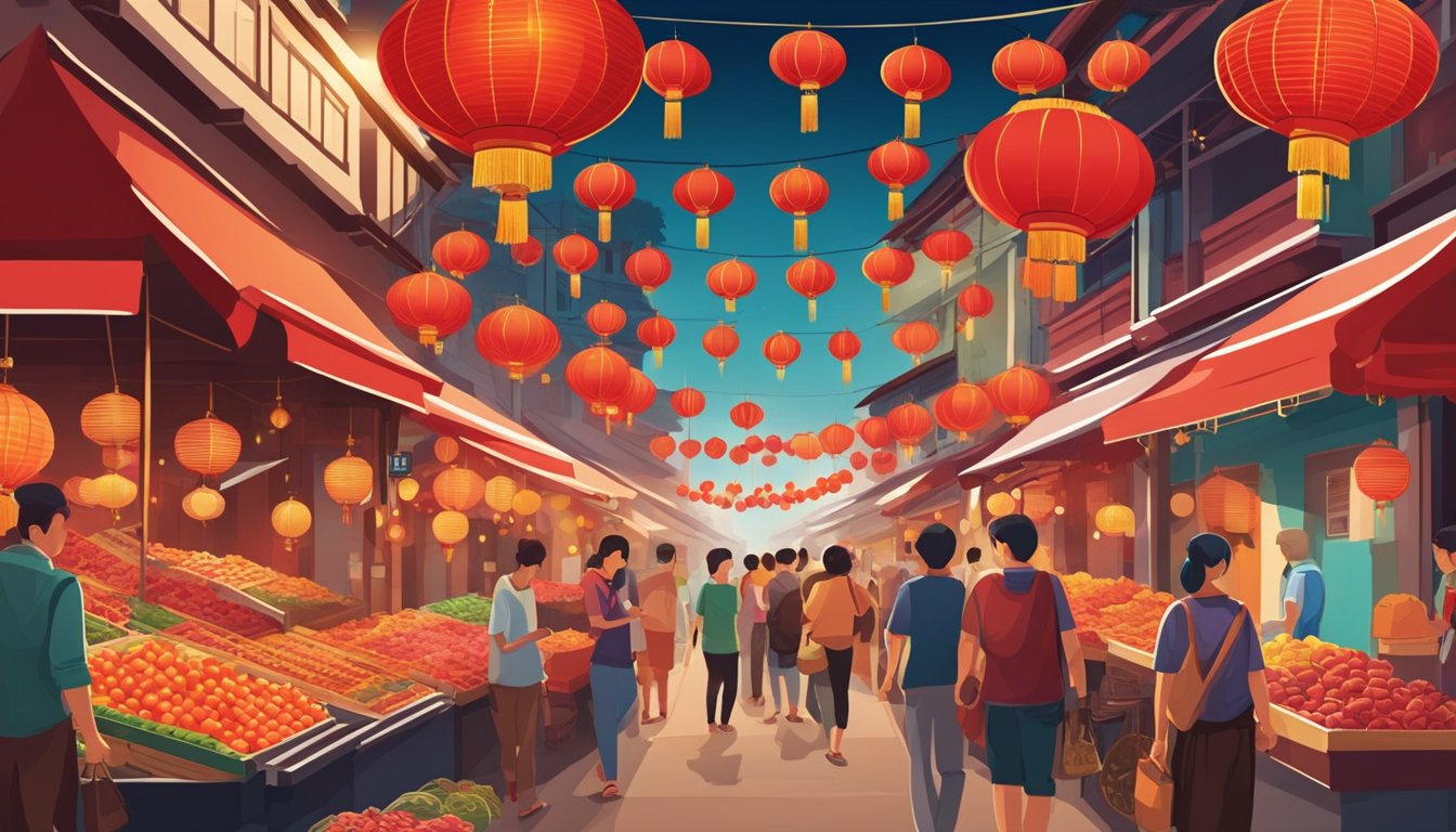 A bustling street market in Singapore sells Chinese New Year cards. Red lanterns hang overhead as vendors display colorful cards with traditional designs