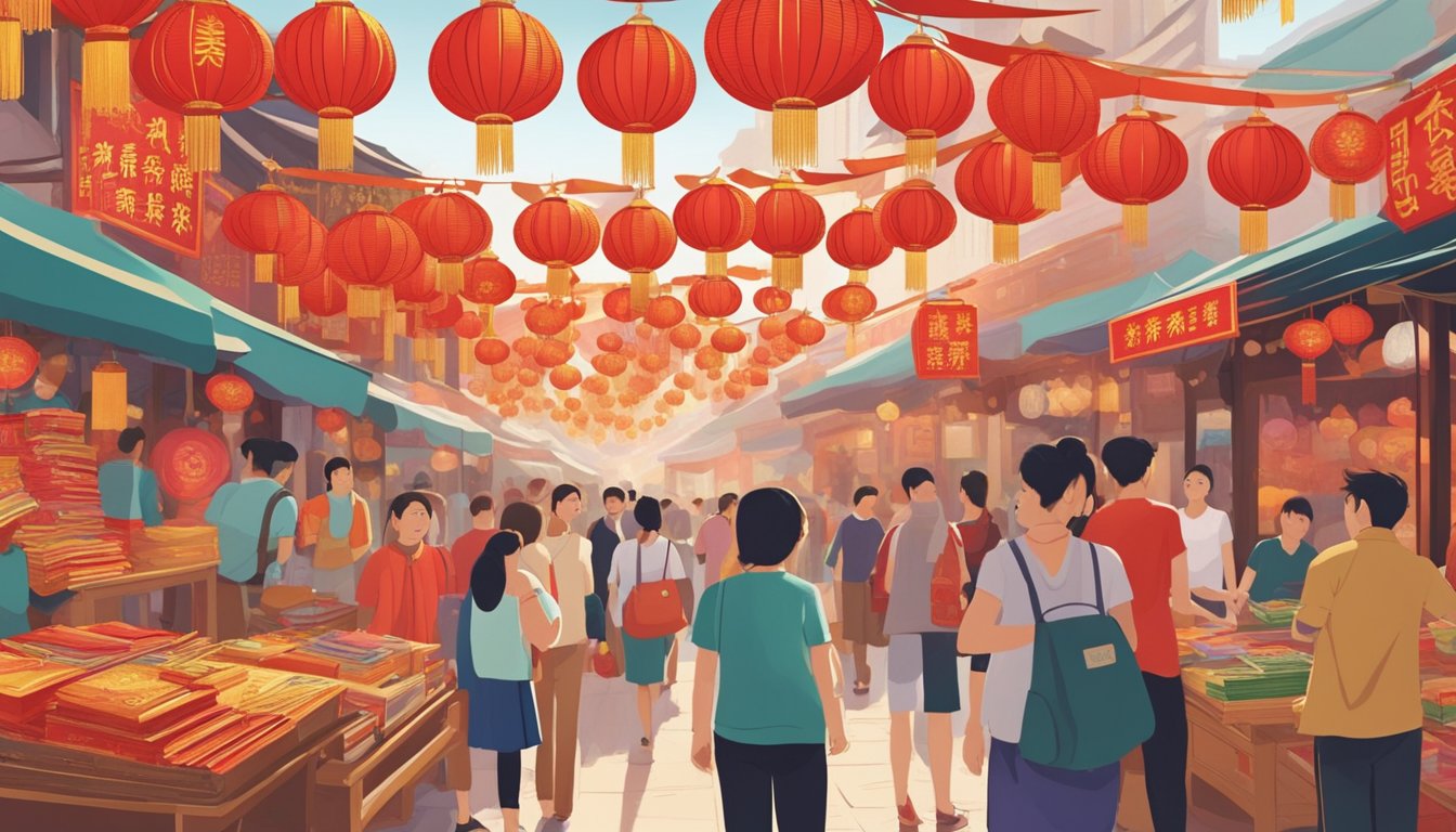 A bustling market stall displays colorful Chinese New Year cards in Singapore. Bright red and gold designs catch the eye, while shoppers browse the selection