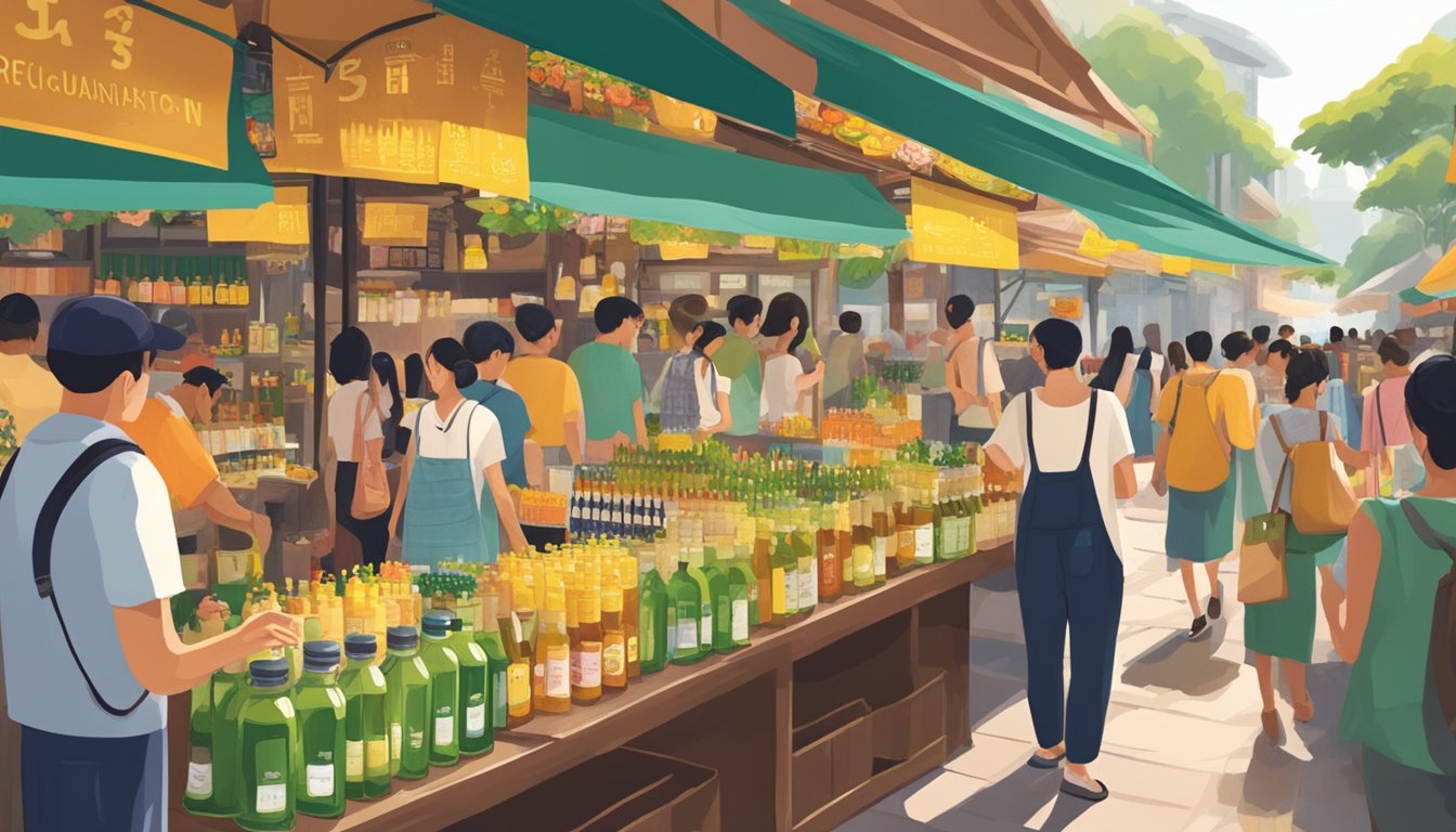 A bustling market stall in Singapore displays various bottles of citronella oil, with vibrant signage and a diverse crowd of shoppers browsing the selection