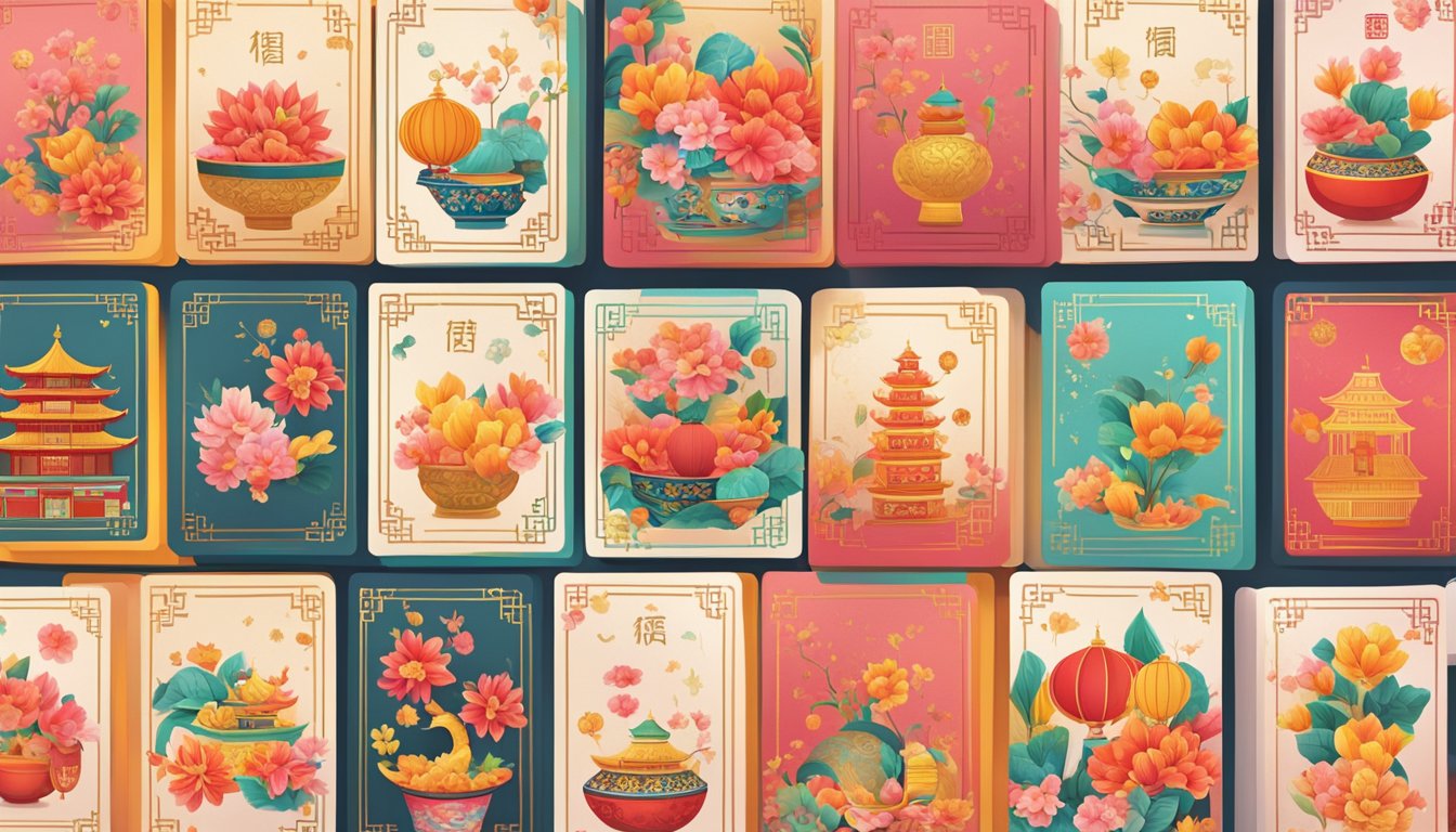 A stack of Chinese New Year cards displayed at a market in Singapore. Bright colors and traditional designs catch the eye