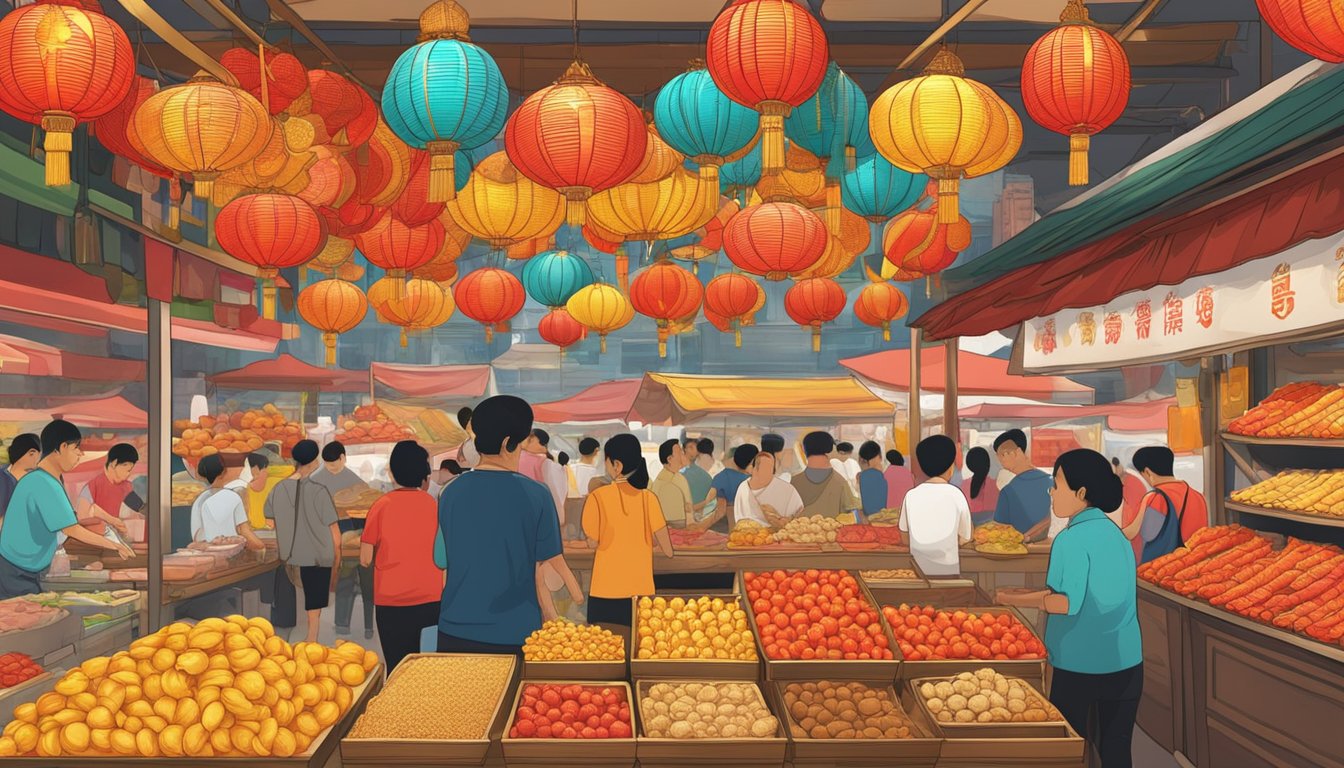 A colorful display of ang baos at a Singaporean market stall. Bright red, gold, and intricate designs catch the eye. Shoppers browse the selection