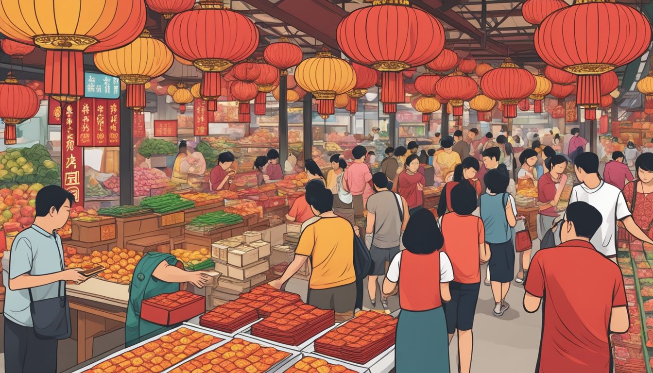 A table with various ang bao designs displayed at a market in Singapore. People are seen browsing and purchasing the traditional red envelopes