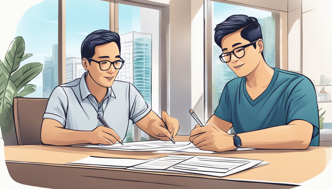 A person filling out eligibility forms and discussing financing options with a real estate agent in Singapore