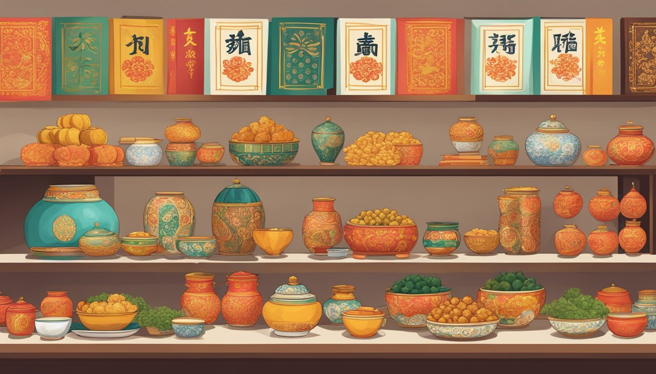 A table with various ang bao designs and colors displayed in a store in Singapore