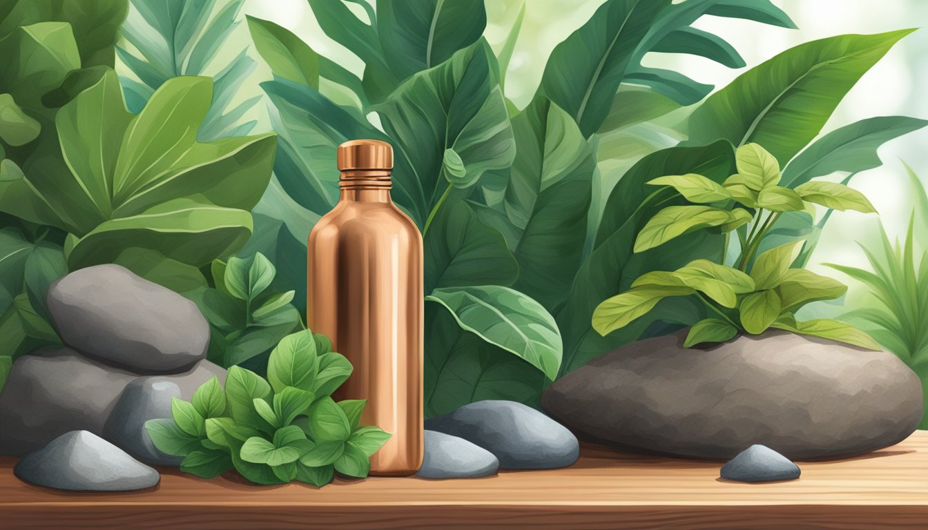 A copper water bottle sits on a wooden table, with a lush green plant in the background. The bottle is surrounded by other natural elements, such as stones and a small stream of water