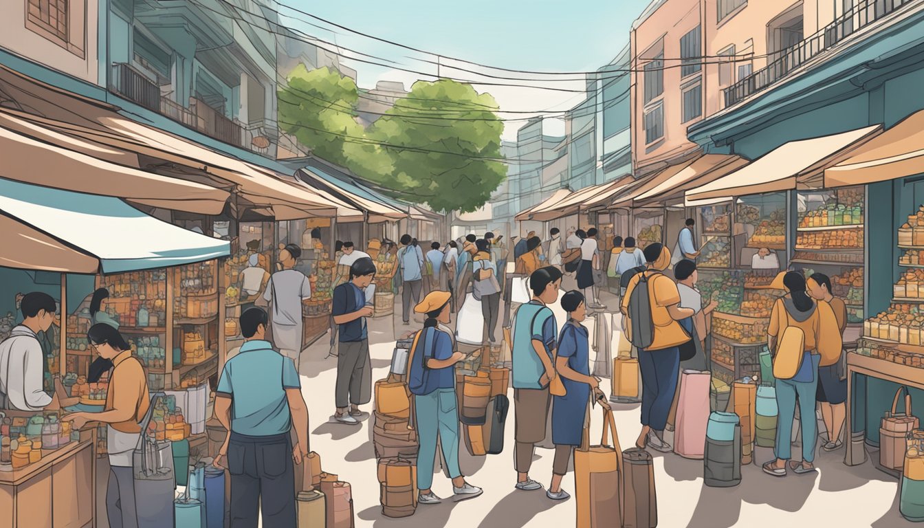 A bustling marketplace with various vendors selling copper water bottles in Singapore. Shoppers inquire about the product at different stalls